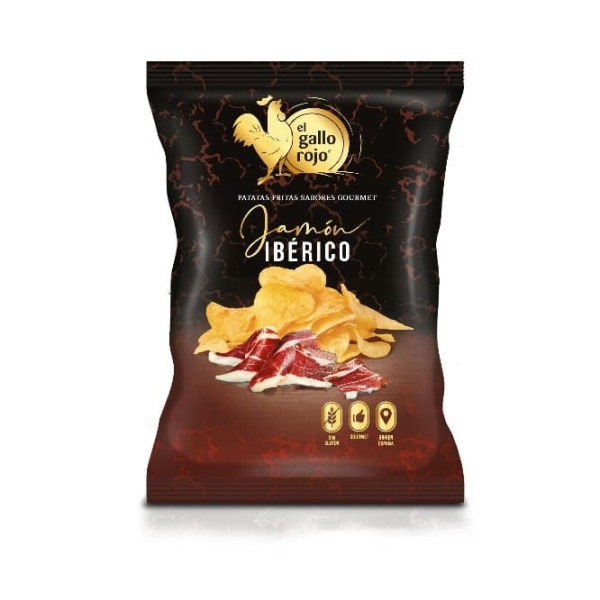 PAPAS JAMON IBERICO GALLO ROJO 120gr, Caja 10und